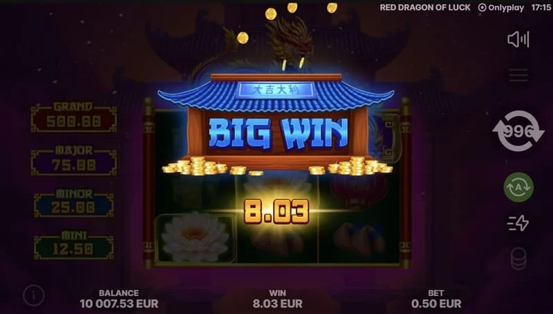 Red Dragon of Luck - layar utama dengan kisi 3x3 dan naga merah